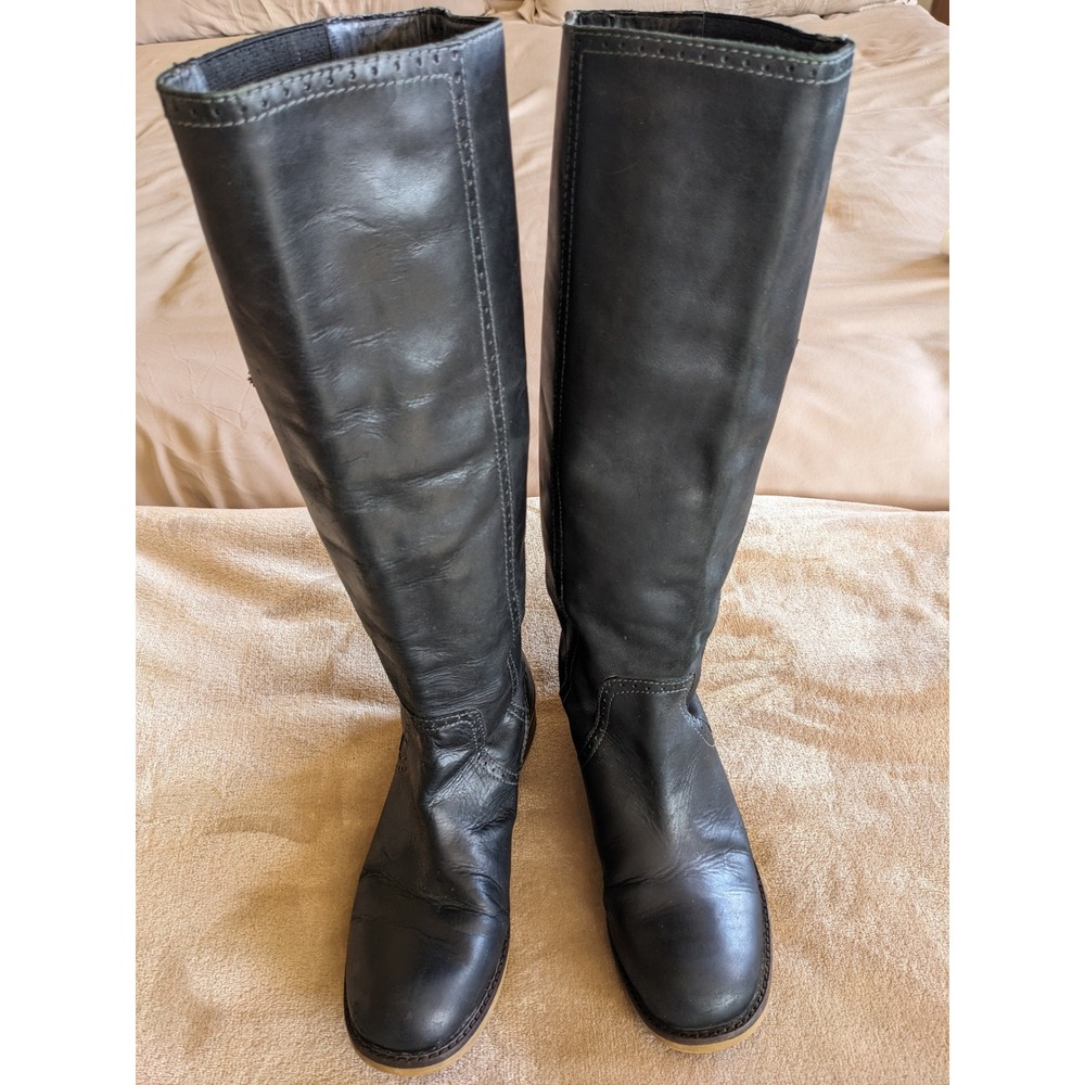 Lucky Brand Black Leather Tall Riding Boots Brogue Detail Double Buckle Low Heel